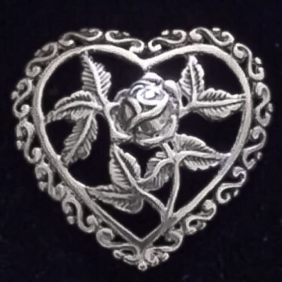 STERLING HEART ROSE FILIGREE BROOCH IN GIFT BOX - Picture 1 of 7